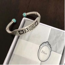 Dior JADIOR Unisex Retro Silver Logo Pattern Turquoise Green Open Adjustable Bracelet