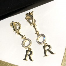 Christian Dior Dangle Logo Diamonds Pendant Women Yellow Gold Plated Long Tassel Earrings