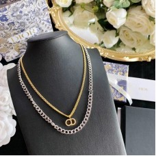 Site Christian Dior Clair D Lune CD Logo Diamond Pendant Women Two-tone Double Link Chain Necklace