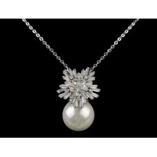Christian Dior 925 Silver White Pearl Ball Pendant Snowflake Shaped Diamonds Necklace