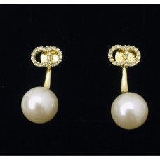 Christian Dior Petit CD White Pearl Pendant Paved Diamonds CD Signature Females Yellow Gold Plated Earrings