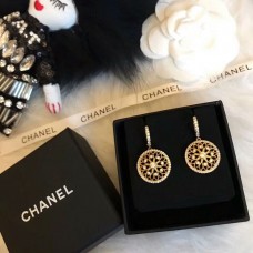 Christian Dior Openwork Brass Flower Pendant Ladies Diamonds Compass Hoop Earrings