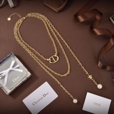Christian Dior Females CD Navy Initial CD Logo White Pearl Pendants Yellow Gold Plated Multi-chain Necklace