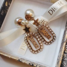 Christian Dior JADIOR Rectangular Hollowed-out Pendant Diamonds Edging Women White Pearl Earrings UK