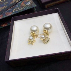 Authentic Christian Dior CD Crystals Star Heart Asymmetric Pendants White Pearl Yellow Gold Earrings Jewellery