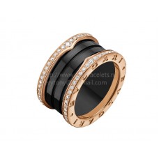 Bvlgari B.zero1 4-Band Ring Rose Gold and Black Ceramic with Pave Diamonds Along the Edges