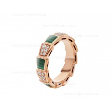 Bvlgari Medium Serpenti Viper 18k Rose Gold Ring with Malachite Elements and Pave Diamonds
