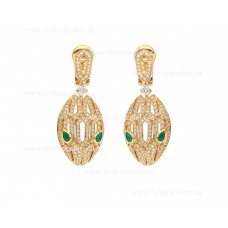 Bvlgari Serpenti 18K Yellow Gold Earrings with Pave Diamonds and Malachite Eyes