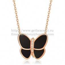 Van Cleef Arpels Flying Butterfly Pendant Necklace Pink Gold With Black Onyx Diamonds