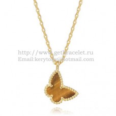 Van Cleef Arpels Lucky Alhambra Butterfly Necklace Yellow Gold With Tigers Eye Mother Of Pearl