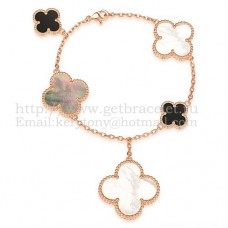 Van Cleef Arpels Magic Alhambra Bracelet 5 Motifs Pink Gold With White Gray Mother Of Pearl Black Agate