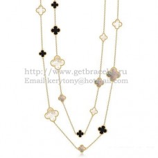 Van Cleef Arpels Magic Alhambra Necklace Yellow Gold 16 Motifs With Black Agate White Gray Mother Of Pearl