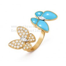 Van Cleef Arpels Two Butterfly Between the Finger Ring Yellow Gold with Diamonds and Turquoise