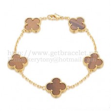 Van Cleef Arpels Alhambra Bracelet 5 Motifs Yellow Gold With Tigers Eye Mother Of Pearl
