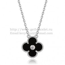 Van Cleef Arpels Alhambra Pendant White Gold With Black Agate Mother Of Pearl Round Diamonds