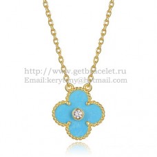 Van Cleef Arpels Alhambra Pendant Yellow Gold With Turquoise Mother Of Pearl Round Diamonds