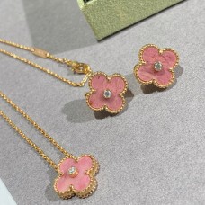 Van Cleef Arpels Alhambra Pendant and Earrings Champagne Gold With Diamond and Rhodonite
