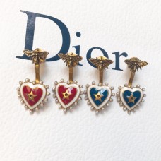 Dior Heart-shaped Pendant Pearl Edging Brass Bee Stud Earrings Red/Blue