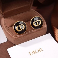 Dior Antique Brass CD Logo Pattern Nummular Black Enamel Stud Earrings StreetChic