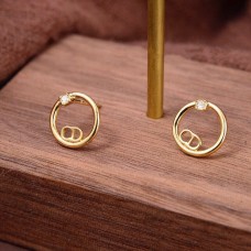 Simple Christian Dior CD Logo Motif Single Crystal Yellow Gold Plated Circle Stud Earrings Jewellery